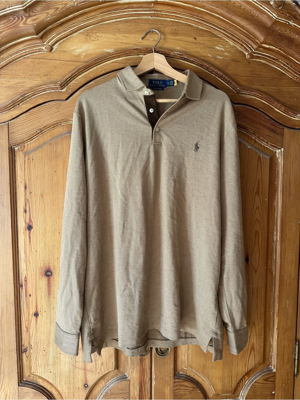 Polo Ralph Lauren PRL Custom Slim Fit tan brown Herringbone Polo Shirt Men’s XL